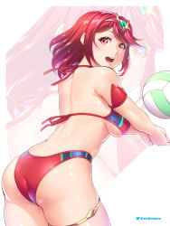 Rule 34 | 1girl, ahoge, ass, ball, bare shoulders, bikini, blush, breasts, circlet, etchimune, from behind, looking at viewer, looking back, medium breasts, open mouth, pyra (xenoblade), red bikini, red eyes, red hair, shiny clothes, shiny skin, short hair, sideboob, smile, solo, swimsuit, volleyball, volleyball (object), xenoblade chronicles (series), xenoblade chronicles 2