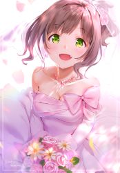 Rule 34 | 1girl, :d, backlighting, bare shoulders, blush, bouquet, bow, breasts, bridal veil, brown hair, cleavage, collarbone, commentary request, dress, earrings, elbow gloves, fang, flower, gloves, green eyes, hair flower, hair ornament, highres, holding, holding bouquet, idolmaster, idolmaster cinderella girls, jewelry, kinako (shiratama mochi), long hair, looking at viewer, maekawa miku, medium breasts, necklace, open mouth, pendant, petals, pink bow, pink dress, pink flower, pink gloves, pink rose, ponytail, rose, signature, smile, solo, strapless, strapless dress, twitter username, veil, wedding dress, white flower