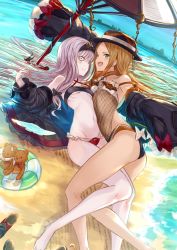 Rule 34 | 2girls, abigail williams (fate), absurdres, bags under eyes, bare shoulders, beach, bikini, black bikini, black headwear, blonde hair, blue eyes, blush, breasts, choker, closed mouth, day, fate/grand order, fate (series), forehead, grey hair, hair between eyes, hairband, highleg, highleg swimsuit, highres, horns, innertube, jacket, lavinia whateley (fate), legs, long hair, looking at viewer, multiple girls, navel, ocean, off shoulder, one-piece swimsuit, open clothes, open jacket, open mouth, pale skin, parted bangs, red bikini, sandals, single horn, small breasts, smile, stuffed animal, stuffed toy, swim ring, swimsuit, teddy bear, thighs, umbrella, wide-eyed, yatsuka (846)