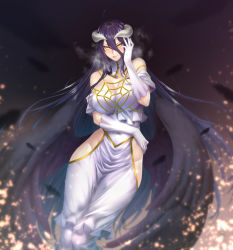Rule 34 | 1girl, albedo (overlord), bare shoulders, black feathers, black hair, black wings, blush, breasts, cleavage, demon horns, dress, elbow gloves, feathered wings, feathers, gloves, hair between eyes, highres, hip vent, horns, large breasts, long hair, looking at viewer, low wings, overlord (maruyama), slit pupils, smile, solo, very long hair, white dress, white gloves, wings, yellow eyes, zucchini