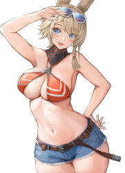 Rule 34 | 1girl, animal ears, asymmetrical bangs, bikini, bikini top only, blue eyes, blush, braid, breasts, cleavage, commission, cowboy shot, criss-cross halter, denim, denim shorts, eyewear on head, final fantasy, final fantasy xiv, halterneck, hand on own hip, highres, large breasts, light brown hair, looking at viewer, navel, open mouth, rabbit ears, red bikini, short hair, shorts, side braid, sideboob, sidelocks, simple background, skeb commission, solo, sunglasses, swept bangs, swimsuit, thighs, torisanff14, viera, warrior of light (ff14), white-framed eyewear, white background
