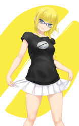 Rule 34 | 1girl, black shirt, blonde hair, blue-framed eyewear, blue eyes, breasts, closed mouth, coffee-kizoku, commentary request, feet out of frame, glasses, head tilt, highres, looking at viewer, original, pleated skirt, shirt, short sleeves, skirt, skirt hold, small breasts, smile, solo, standing, two-tone background, white background, white skirt, yellow background