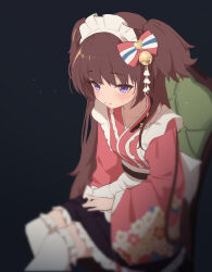 Rule 34 | 1girl, apron, black skirt, blue archive, blurry, bow, breasts, brown hair, chair, closed mouth, depth of field, feet out of frame, hair bow, highres, japanese clothes, kimono, kimono skirt, long hair, long sleeves, looking at viewer, maid headdress, nnn051821, pink kimono, purple eyes, shizuko (blue archive), sitting, skirt, small breasts, solo, thighhighs, two side up, waist apron, white thighhighs, wide sleeves