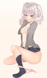 Rule 34 | 10s, 1girl, between legs, black eyes, black skirt, breasts, cleavage, collarbone, female masturbation, grey shirt, hand between legs, heart, heart-shaped pupils, highres, inushi, kantai collection, kashima (kancolle), long hair, masturbation, navel, no bra, open clothes, open shirt, panties, panties around leg, pink panties, pleated skirt, shirt, silver hair, simple background, skirt, solo, symbol-shaped pupils, twintails, underwear