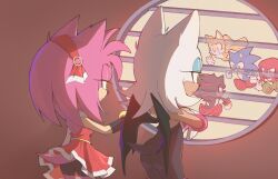 2girls amy_rose animal_nose ass blue_fur dress evilshadix fox_boy furry furry_female furry_male green_eyes hedgehog_boy hedgehog_ears hedgehog_girl hedgehog_tail highres knuckles_the_echidna meme multiple_girls pink_fur red_fur rouge_the_bat shadow_the_hedgehog sonic_(live_action) sonic_(series) sonic_the_hedgehog sonic_the_hedgehog_3_(film) spongebob_squarepants_(series) squidward_looking_out_the_window_(meme) super_sonic tails_(sonic) window