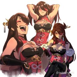 Rule 34 | 1girl, artist name, beidou (genshin impact), black gloves, blush, breasts, brown eyes, brown hair, cleavage, cleavage cutout, clothing cutout, cropped torso, dress, eyepatch, eyeshadow, genshin impact, gloves, hair ornament, hair over one eye, hair stick, hands in hair, highres, laughing, crossed legs, long hair, looking at viewer, looking to the side, makeup, medium breasts, mikkusushi, multiple views, one eye covered, open mouth, parted lips, red dress, red eyeshadow, thighhighs