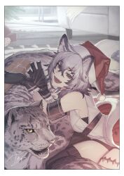 Rule 34 | 1girl, :d, absurdres, animal, animal ears, arknights, armband, armchair, bare shoulders, black gloves, black thighhighs, breasts, chair, christmas, cliffheart (arknights), fang, gift, gloves, grey eyes, grey hair, hair between eyes, hat, highres, holding, holding gift, indoors, jacket, leopard ears, leopard girl, looking at viewer, lying, medium hair, open mouth, red hat, red jacket, santa hat, shirt, sleeveless, sleeveless shirt, small breasts, smile, solo, tena (tenor 07209), thigh strap, thighhighs, unworn jacket, white shirt