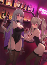 Rule 34 | 2girls, absurdres, animal ears, bare arms, bare shoulders, black bow, black bowtie, black legwear, black leotard, bottle, bow, bowtie, breasts, cleavage, commentary, covered navel, cup, detached collar, drink, drinking glass, dutch angle, ear piercing, fake animal ears, fake tail, feet out of frame, grey hair, groin, hair ornament, hairclip, highres, holding, holding bottle, holding drink, indoors, jacket, jacket on shoulders, jfjf, large breasts, leaning on table, leotard, long hair, looking at viewer, multiple girls, neon lights, original, parted lips, piercing, pink eyes, playboy bunny, purple eyes, rabbit ears, rabbit tail, strapless, strapless leotard, tail, thighhighs, tongue, tongue out, twintails, wine bottle, wine glass, wrist cuffs