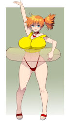 Rule 34 | 1girl, abs, absurdres, ahoge, alternate breast size, aqua eyes, asymmetrical hair, bare arms, bare legs, bare shoulders, blue eyes, blush, breasts, cleavage, cowboy shot, creatures (company), game freak, gym leader, hair between eyes, hands up, highres, huge breasts, kouno (masao), large breasts, legs, looking at viewer, midriff, misty (pokemon), navel, neck, nintendo, open mouth, orange hair, outdoors, pokemon, pokemon (anime), pokemon (classic anime), ponytail, sandals, shiny skin, shirt, short hair, short ponytail, side ponytail, simple background, sleeveless, sleeveless shirt, smile, solo, standing, suspenders, tank top, thighs, thong, wide hips, yellow shirt