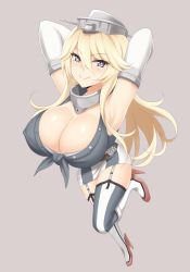 Rule 34 | 10s, 1girl, armpits, arms behind head, arms up, asymmetrical legwear, belt, blonde hair, boots, breasts, elbow gloves, front-tie top, full body, garter straps, gloves, grey background, hair between eyes, headgear, high heel boots, high heels, iowa (kancolle), kantai collection, knee boots, lang (chikage36), large breasts, long hair, looking at viewer, miniskirt, mismatched legwear, simple background, skirt, smile, solo, star-shaped pupils, star (symbol), striped clothes, striped skirt, striped thighhighs, symbol-shaped pupils, thighhighs, thighs, vertical-striped clothes, vertical-striped skirt, vertical-striped thighhighs, white footwear, white gloves, zettai ryouiki