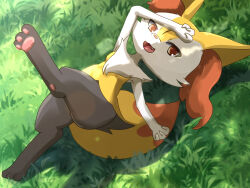Rule 34 | 1girl, :3, animal ear fluff, animal ears, animal feet, animal nose, arm on own head, arm up, black fur, body fur, braixen, breasts, creatures (company), dappled sunlight, day, fang, female focus, fox ears, fox girl, fox tail, from above, furry, furry female, game freak, gen 6 pokemon, grass, green background, happy, highres, jigoku no kohitsuji wa nii, leg up, legs, looking at viewer, lying, multicolored fur, nintendo, on back, on ground, open mouth, outdoors, pawpads, pokemon, pokemon (creature), red eyes, small breasts, smile, solo, sunlight, tail, thick thighs, thighs, white fur, yellow fur
