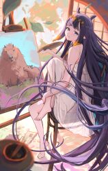 Rule 34 | 1girl, absurdly long hair, absurdres, animal ears, architecture, ass, barefoot, besi (besidoesart), black hair, blue eyes, blunt bangs, capybara, closed mouth, commentary, double-parted bangs, dress, east asian architecture, english commentary, extra ears, from behind, gradient hair, headpiece, highres, holding, holding palette, hololive, hololive english, indoors, knee up, long hair, looking at viewer, mole, mole under eye, multicolored hair, ninomae ina&#039;nis, orange hair, painting (action), painting (object), palette (object), pointy ears, purple hair, see-through, see-through dress, sidelocks, smile, solo, straight hair, sundress, tentacle hair, very long hair, virtual youtuber, white dress