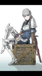 Rule 34 | 1girl, armor, boots, box, braid, brown gloves, corset, gloves, grey eyes, grey hair, long hair, looking at viewer, on box, ravness loxaerion, sheath, simple background, sitting, solo, sword, tactics ogre, thigh boots, thighhighs, twin braids, weapon, white background, windcaller