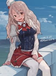 Rule 34 | 10s, 1girl, breasts, brown eyes, dated, grey hair, kantai collection, large breasts, long hair, looking at viewer, miniskirt, pola (kancolle), sitting, skirt, solo, thighhighs, toro (konirio), twitter username, white thighhighs, zettai ryouiki