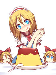 Rule 34 | 1girl, :d, :p, ^ ^, alice margatroid, blonde hair, blue dress, blue eyes, blush, bow, capelet, chestnut mouth, closed eyes, dress, food, hair bow, hairband, heart, heart-shaped pupils, kuresento, licking lips, lolita hairband, open mouth, own hands clasped, own hands together, plate, pudding, shanghai doll, simple background, smile, solo, spoon, symbol-shaped pupils, table, tongue, tongue out, touhou, white background