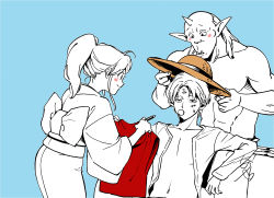 Rule 34 | absurdres, blouse, blue background, blush, botan (yu yu hakusho), bow, cosplay, fangs, hat, highres, holding, holding clothes, holding hat, horns, jorge saotome, koenma, long sleeves, monkey d. luffy, monkey d. luffy (cosplay), muscular, obi, one piece, oni, open clothes, open shirt, pacifier, pectorals, pointy ears, red vest, sash, scar, shirt, shivaharu, sidelocks, single horn, sitting, smile, standing, straw hat, sweatdrop, topless male, upper body, vest, voice actor connection, yuu yuu hakusho