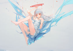 Rule 34 | 1girl, absurdres, arm up, barefoot, closed mouth, commentary request, double halo, dress, full body, gradient background, grey background, grey hair, halo, hand up, highres, ichika (ichika87), knee up, leg up, long hair, looking at viewer, making-of available, original, red eyes, red halo, short dress, sleeveless, sleeveless dress, solo, white dress