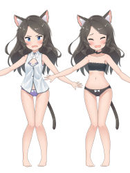 Rule 34 | 1girl, 3:, absurdres, aina (mao lian), animal ear fluff, animal ears, bandeau, bare legs, barefoot, black bra, black panties, blue eyes, blush, bow, bowtie, bra, breasts, brown hair, cat ears, cat tail, cleavage cutout, clothing cutout, d:, embarrassed, gluteal fold, grey shirt, highres, long hair, mao lian (nekokao), multiple views, navel, open mouth, original, panties, purple panties, shirt, small breasts, tail, thigh gap, underwear, underwear only, wavy mouth, white background, white bow, white neckwear