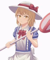 Rule 34 | 1girl, apron, back bow, bad id, bad pixiv id, blonde hair, blue dress, bow, bowtie, collared dress, dress, florentia menma, frilled dress, frills, hat, hat bow, highres, holding, kana anaberal, puffy short sleeves, puffy sleeves, red bow, red bowtie, road sign, short hair, short sleeves, sign, simple background, sun hat, touhou, touhou (pc-98), upper body, waist apron, white apron, white background, white bow, white headwear, yellow eyes