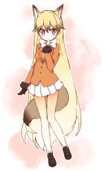 Rule 34 | 10s, 1girl, :|, alternate hair length, alternate hairstyle, animal ears, arm at side, black footwear, black gloves, blazer, blonde hair, blush, bow, bowtie, brown eyes, brown hair, buttons, clenched hand, closed mouth, dot nose, expressionless, extra ears, eyelashes, ezo red fox (kemono friends), fox ears, fox tail, full body, fur-trimmed sleeves, fur trim, gloves, gradient hair, gradient legwear, hair between eyes, hand on own chest, hand up, jacket, kemono friends, kiri (hakobato), leg lift, loafers, long hair, long sleeves, looking at viewer, multicolored background, multicolored clothes, multicolored hair, multicolored legwear, necktie, orange jacket, orange pantyhose, outline, pantyhose, pink background, pleated skirt, shoes, skirt, solo, standing, standing on one leg, tail, tsurime, two-tone background, two-tone legwear, very long hair, white background, white bow, white bowtie, white hair, white outline, white pantyhose, white skirt, yellow necktie
