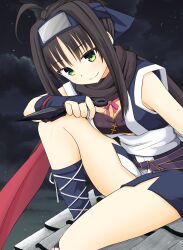 Rule 34 | 1girl, ahoge, arm at side, black bra, black hair, black kimono, black scarf, blue gloves, bra, breasts, cleavage, closed mouth, cloud, cloudy sky, commentary, cross-laced footwear, floral print, foot out of frame, forehead protector, gloves, green eyes, hair between eyes, hand on own knee, hand up, highres, hitachi mako, holding, holding weapon, japanese clothes, kimono, knee up, kunai, leaning forward, light blush, looking at viewer, medium breasts, night, night sky, ninja, oji kura, on roof, outdoors, partially fingerless gloves, pink ribbon, ribbon, sandals, sash, scarf, senren banka, short hair with long locks, short kimono, sitting, sky, sleeveless, sleeveless kimono, smile, solo, split mouth, thighs, tsurime, underwear, weapon, white sash
