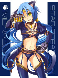 Rule 34 | 1girl, animal ears, armor, bad id, bad pixiv id, blue hair, breasts, cat ears, cat tail, character name, claws, cleavage, cleavage cutout, clothing cutout, collar, copyright name, detached sleeves, gauntlets, green eyes, headband, long hair, medium breasts, meracle chamlotte, midriff, navel, o-ring, ochakai shin&#039;ya, one eye closed, panties, smile, solo, star ocean, star ocean the last hope, tail, thighhighs, thong, underwear, very long hair, wink