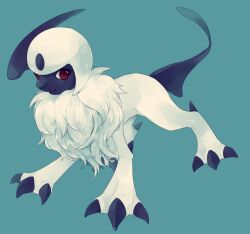 Rule 34 | absol, animal focus, blue background, claws, commentary, creatures (company), fangs, fluffy, full body, game freak, gen 3 pokemon, hideko (l33l3b), highres, looking to the side, nintendo, no humans, pokemon, pokemon (creature), red eyes, simple background, solo, standing, white fur