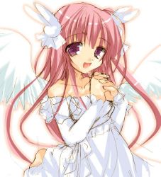 Rule 34 | 1girl, angel, animal ears, bare shoulders, rabbit ears, rabbit hair ornament, dress, espresso, hair ornament, own hands clasped, long hair, looking at viewer, misha, misha (pita ten), own hands together, pink hair, pita ten, purple eyes, solo, tsukamichi fumi, white dress, wings