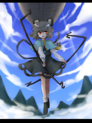 Rule 34 | 1girl, animal ears, capelet, cloud, day, dowsing rod, female focus, grey hair, jewelry, letterboxed, looking at viewer, mokku, mountain, mouse (animal), mouse ears, mouse tail, nazrin, necklace, pendant, red eyes, ship, short hair, smile, socks, solo, tail, touhou, watercraft