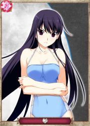 Rule 34 | 10s, 1girl, black hair, blue one-piece swimsuit, breasts, card (medium), casual one-piece swimsuit, cleavage, covered navel, crossed arms, female focus, grisaia (series), grisaia no kajitsu, long hair, looking at viewer, one-piece swimsuit, purple eyes, sakaki yumiko, solo, swimsuit