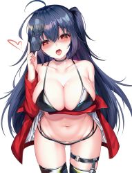 Rule 34 | 1girl, azur lane, bare shoulders, bikini, black bikini, black choker, black hair, black thighhighs, blush, breasts, choker, cleavage, unworn eyewear, hair between eyes, heart, heart-shaped pupils, heart in eye, highleg, highleg bikini, highres, holding, holding removed eyewear, huge breasts, jacket, large breasts, long hair, looking at viewer, mannack, multi-strapped bikini bottom, multiple straps, navel, off-shoulder jacket, off shoulder, official alternate costume, open mouth, race queen, red eyes, red jacket, smile, solo, sunglasses, swimsuit, symbol-shaped pupils, symbol in eye, taihou (azur lane), taihou (enraptured companion) (azur lane), thigh strap, thighhighs, thighs, tongue