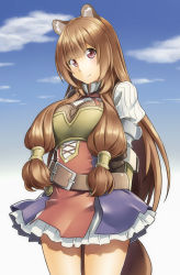 Rule 34 | 1boy, 1girl, alto-00, animal ears, armor, belt, blue sky, blush, breasts, brown hair, cloud, collared shirt, cowboy shot, dress, dress shirt, frilled skirt, frills, gloves, highres, leather, leather armor, leather gloves, long hair, long sleeves, looking at viewer, medium breasts, neckerchief, outdoors, purple eyes, raccoon, raccoon ears, raccoon girl, raccoon tail, raphtalia, red eyes, red neckerchief, shirt, short sleeves, skirt, sky, smile, solo, tail, tate no yuusha no nariagari, very long hair