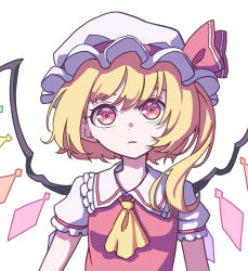 Rule 34 | 1girl, absurdres, ascot, blonde hair, closed mouth, crystal, eyebrows hidden by hair, flandre scarlet, hat, hat ribbon, highres, kame (kamepan44231), looking at viewer, medium hair, mob cap, one-hour drawing challenge, red eyes, red ribbon, red shirt, ribbon, shirt, short sleeves, side ponytail, simple background, solo, touhou, upper body, white background, white hat, wings, yellow ascot