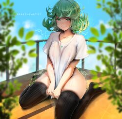 Rule 34 | 1girl, absurdres, alternate breast size, alternate costume, artist name, black thighhighs, blue sky, blurry, blurry foreground, breasts, cedric (gear art), clothes pull, collarbone, commentary, covered erect nipples, curly hair, green eyes, green hair, highres, looking at viewer, medium breasts, no panties, one-punch man, outdoors, parted lips, psychic, pulling own clothes, railing, see-through, see-through shirt, shirt, shirt pull, short hair, short sleeves, siblings, sisters, sitting, sky, smile, solo, swept bangs, tatsumaki, thighhighs, thighs, wariza, white shirt