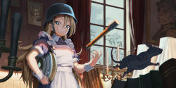 Rule 34 | 1girl, animal, apron, black dress, black headwear, blonde hair, blue eyes, book, candle, candlestand, carrying, carrying under arm, closed mouth, combat helmet, commentary request, curtains, day, dress, explosive, frilled apron, frills, grenade, hair between eyes, hand grenade, helmet, highres, hironii (hirofactory), indoors, long hair, looking at viewer, maid, maid apron, mine (weapon), mouse (animal), original, puffy short sleeves, puffy sleeves, short sleeves, solo, stahlhelm, standing, stick grenade, stielhandgranate, upper body, very long hair, white apron, window, wrist cuffs