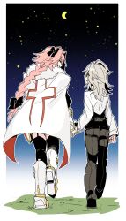 Rule 34 | 2boys, alternate hair length, alternate hairstyle, androgynous, astolfo (fate), black bow, black garter straps, black pants, black thighhighs, bow, braid, breasts, cape, cleavage, closed eyes, cross, dress shirt, fang, fate/apocrypha, fate (series), from behind, fur-trimmed cape, fur trim, garter straps, gauntlets, gradient background, grass, grey hair, hair bow, hair intakes, haoro, highres, holding hands, long braid, long hair, looking at another, male focus, medium hair, multicolored hair, multiple boys, night, night sky, pants, pink hair, red eyes, shirt, sieg (fate), single braid, skin fang, sky, star (sky), starry sky, streaked hair, thighhighs, thighs, trap, two-sided cape, two-sided fabric, two-tone hair, walking, white cape, white footwear, white hair, white shirt, yaoi