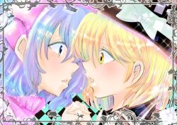 Rule 34 | 2girls, black hat, black vest, blonde hair, blue eyes, blue hair, bow, commentary request, dress, hair bow, hat, hat bow, holding hands, looking at another, mai (touhou), multiple girls, parted lips, pink bow, pink dress, shizuku hky, sparkle, touhou, traditional media, upper body, vest, white bow, yellow eyes, yuki (touhou)