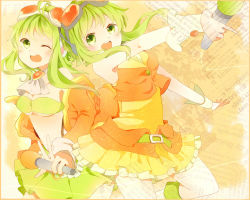 Rule 34 | 2girls, bare shoulders, boots, brooch, commentary, cowboy shot, dual persona, english text, frilled skirt, frills, goggles, goggles on head, green eyes, green hair, green tube top, gumi, highres, holding, holding microphone, jacket, jewelry, knee boots, looking at viewer, gumi (v3 megpoid), microphone, midriff, momonomi (pekakisukisukisu), multiple girls, neckerchief, off-shoulder jacket, off shoulder, one eye closed, open mouth, orange jacket, orange shirt, outstretched arm, red goggles, shirt, skirt, sleeveless, sleeveless shirt, smile, strapless, tube top, tube top, vocaloid, w, wrist cuffs, yellow skirt