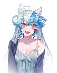 Rule 34 | 1girl, absurdres, ahoge, animal ears, blue hair, breasts, camisole, cat ears, cleavage, commentary, double bun, english commentary, fangs, hair between eyes, hair bun, head tilt, highres, ive (iveith), looking at viewer, nijisanji, nijisanji en, open mouth, orange eyes, simple background, single off shoulder, solo, twintails, twisty amanozako, virtual youtuber, white background