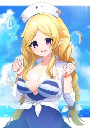 Rule 34 | 1girl, absurdres, bikini, blonde hair, breasts, cleavage, commentary request, elf, highres, large breasts, long hair, looking at viewer, official alternate costume, open mouth, parted bangs, pointy ears, princess connect!, purple eyes, shiroue tomari, sidelocks, smile, solo, striped bikini, striped clothes, swimsuit, yukari (princess connect!), yukari (summer) (princess connect!)