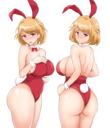 Rule 34 | 1girl, alternate costume, animal ears, ass, azur lane, back, bare arms, bare back, bare legs, bare shoulders, blonde hair, blush, bow, bowtie, braid, breasts, cleavage, closed mouth, crown braid, detached collar, drop earrings, earrings, embarrassed, fake animal ears, female focus, french braid, hand on own hip, hand on own chest, hand on own stomach, hand up, highres, huge ass, jewelry, large breasts, legs, leotard, looking at viewer, looking back, multiple views, neck, open mouth, oumi (rsag), playboy bunny, prince of wales (azur lane), rabbit ears, rabbit tail, red bow, red eyes, red leotard, red neckwear, serious, shiny skin, short hair, shy, sideboob, simple background, standing, strapless, strapless leotard, sweatdrop, tail, turnaround, wavy mouth, white background, wrist cuffs