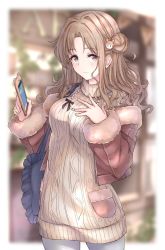 Rule 34 | 1girl, bag, bear hair ornament, blurry, blurry background, blush, breasts, brown eyes, brown hair, brown sweater, cellphone, cropped jacket, fur trim, grey pantyhose, hair bun, hair ornament, handbag, hinoaki5, holding, holding phone, ichikawa hinana, idolmaster, idolmaster shiny colors, jewelry, long hair, long sleeves, looking at viewer, medium breasts, necklace, off shoulder, outdoors, outside border, pantyhose, phone, pocket, shop, side bun, single hair bun, single side bun, smartphone, smartphone case, smile, solo, standing, sweater, wavy hair, wavy mouth, white pantyhose