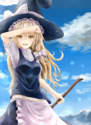 Rule 34 | 1girl, arm up, blonde hair, blue sky, broom, cloud, cowboy shot, day, erio patrol, hat, highres, kirisame marisa, lens flare, long hair, looking at viewer, midriff, open mouth, shading eyes, sky, solo, touhou, witch hat, yellow eyes