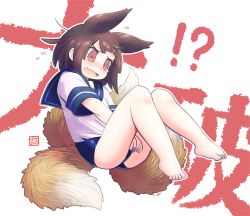 Rule 34 | 1girl, alternate hair color, barefoot, blush, embarrassed, feet, female focus, fox tail, kukuri (mawaru), mawaru (mawaru), multiple tails, one-piece swimsuit, open mouth, original, pointy hair, ringed eyes, school uniform, shirt tug, solo, swimsuit, swimsuit under clothes, tail