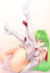 Rule 34 | 1girl, ass, blush, boots, breasts, c.c., cameltoe, cleft of venus, code geass, from side, full body, gloves, green hair, hair between eyes, hand on own thigh, high heel boots, high heels, highres, holding own ankle, legs, legs up, leotard, long hair, looking at viewer, lying, medium breasts, on back, panties, partially visible vulva, sereneandsilent, skin tight, skindentation, smile, solo, thigh boots, thighhighs, thighs, underwear, white gloves, white leotard, white panties, white thighhighs, yellow eyes