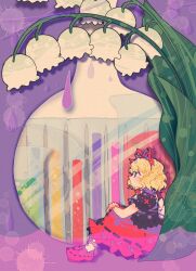 Rule 34 | 1girl, black shirt, blonde hair, blue eyes, blush, closed mouth, flower, frilled skirt, frills, hair ribbon, highres, itomugi-kun, lily of the valley, medicine melancholy, profile, red footwear, red ribbon, red skirt, ribbon, shirt, shoes, short hair, short sleeves, sitting, skirt, solo, touhou, white flower