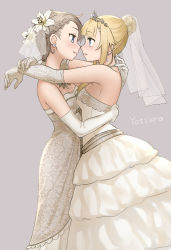 Rule 34 | 2girls, alternate hairstyle, ange (princess principal), bare shoulders, beige background, blonde hair, blue eyes, blunt bangs, blush, braid, braided bun, breasts, bride, couple, dress, earrings, elbow gloves, eye contact, face-to-face, flower, from side, gloves, gown, grey background, grey hair, hair bun, hair flower, hair ornament, highres, hug, imminent kiss, jewelry, light brown hair, lily (flower), looking at another, multiple girls, necklace, open mouth, princess (princess principal), princess principal, profile, resolution mismatch, revision, side braid, sidelocks, signature, simple background, single hair bun, small breasts, source smaller, standing, strapless, strapless dress, veil, wedding, wedding dress, white dress, white gloves, wife and wife, yotsura, yuri