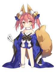 Rule 34 | animal ears, bare shoulders, barefoot, bell, collar, detached sleeves, fate (series), fox ears, fox tail, hair ribbon, japanese clothes, kimono, long sleeves, looking at viewer, obi, ofuda, pink hair, ribbon, saru, sash, short hair, smile, solo, tail, tamamo (fate), tamamo no mae (fate/extra), wide sleeves, yellow eyes, aged down