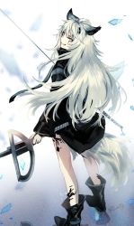 Rule 34 | 1girl, aki663, animal ears, arknights, artist name, boots, dual wielding, eyebrows hidden by hair, floating rock, from behind, full body, grey eyes, grey hair, grin, holding, jacket, katana, lappland (arknights), long hair, long sleeves, looking at viewer, looking back, material growth, oripathy lesion (arknights), scar, scar on face, slit pupils, smile, solo, standing, sundial, sword, tail, weapon, wind, wolf ears, wolf girl, wolf tail