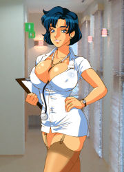 Rule 34 | 1990s (style), 1girl, between breasts, bishoujo senshi sailor moon, blue eyes, blue hair, breasts, brown thighhighs, cleavage, clipboard, covered erect nipples, earrings, garter belt, garter straps, hand on own hip, highres, hip focus, jewelry, legs, lipstick, looking at viewer, makeup, matching hair/eyes, miniskirt, mizuno ami, nurse, retro artstyle, ring, rippadou, sailor mercury, short hair, skirt, smile, solo, standing, thighhighs, thighs, watch, wristwatch